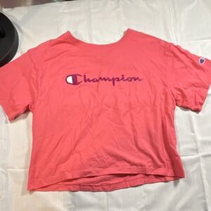 Champion Pink Cropped Crew Neck Short Sleeve Logo T-Shirt Women's Size L